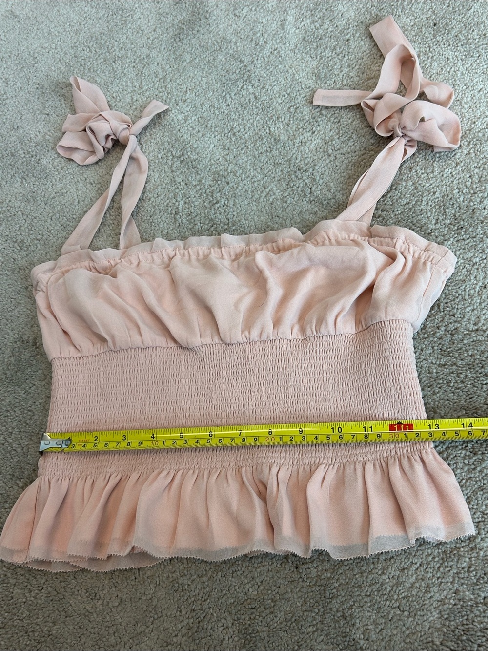 Aritzia Wilfred Blush Pink Smocked Tie-Shoulder Peplum Top Romantic Sz M - Picture 10 of 14